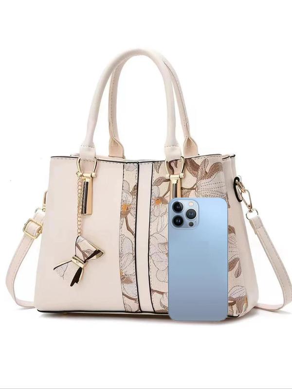 Women's Fashionable Floral Pattern Handbag, Casual Large Capacity Shoulder Bag with Bowknot Charm, Trendy Versatile High-quality Daily Commuting Bag