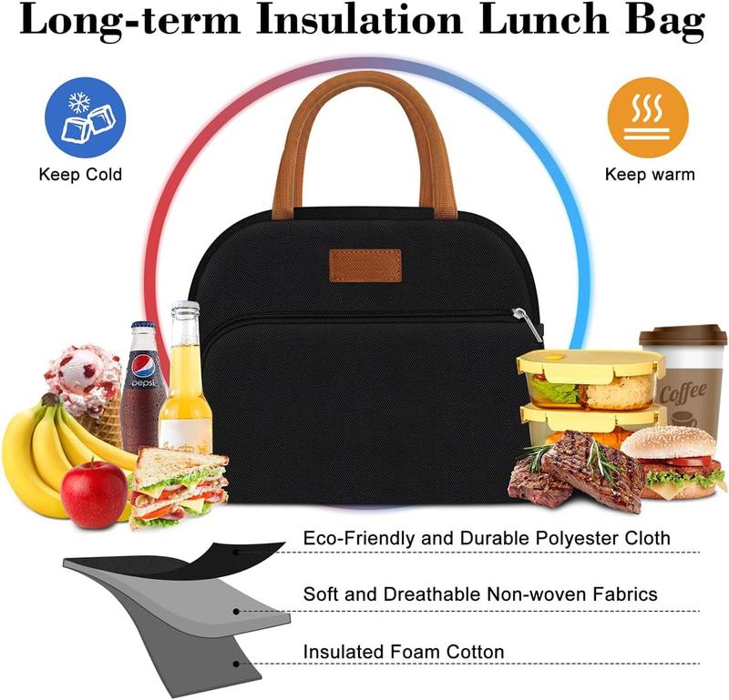 Women's lunch bag, adult men's lunch bag, small leak proof cute lunch handbag, large capacity reusable insulated refrigerated lunch container, suitable for work office picnic travel in black