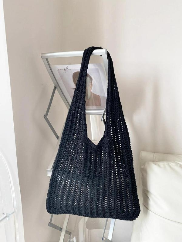 Summer 2024 Women's Minimalist Crochet Tote Shoulder Bag, Casual Lightweight Retro Braided Bag, Trendy Simple Style Bag for Summer Beach Outfit, Back to School Bag, Clean Girl Outfit Bag for Teen Girl