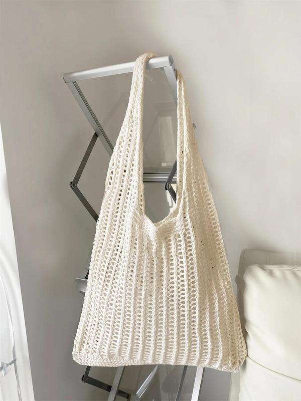 Summer 2024 Women's Minimalist Crochet Tote Shoulder Bag, Casual Lightweight Retro Braided Bag, Trendy Simple Style Bag for Summer Beach Outfit, Back to School Bag, Clean Girl Outfit Bag for Teen Girl