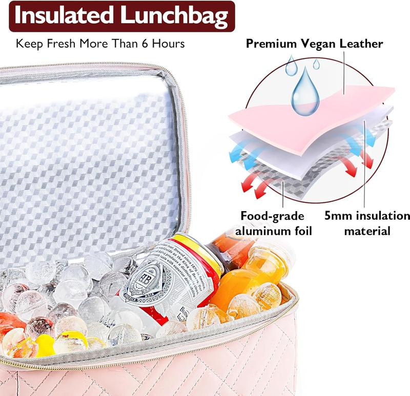 Large Lunch Bag Box Women - 2024 Newest Christmas Mothers Day Gifts for Women - 2 Tier Leather Leakproof Insulated Water-Resistant Lunch Bag Tote Cooler with Removable Strap for Work Travel Picnics