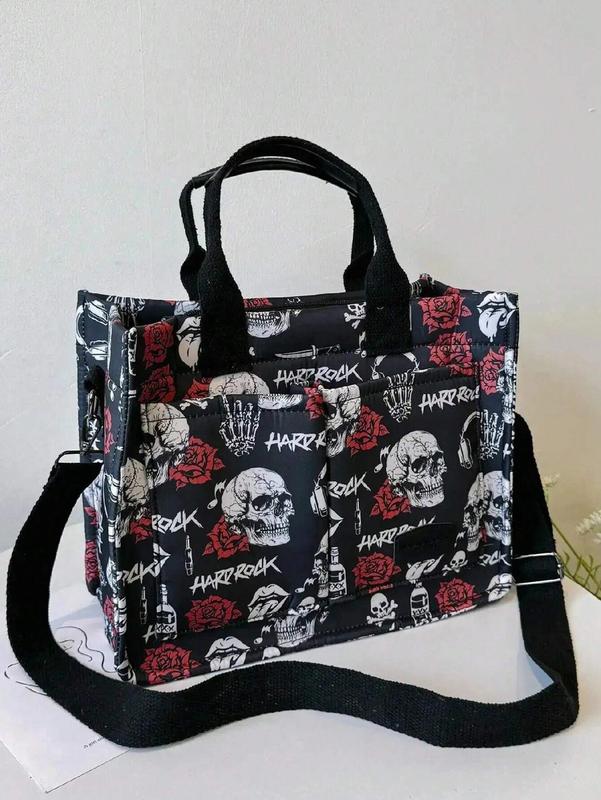 Skull Design Large Capacity Multi-Pocket Canvas Tote Bag, Lightweight Casual Shoulder Handbag For Women