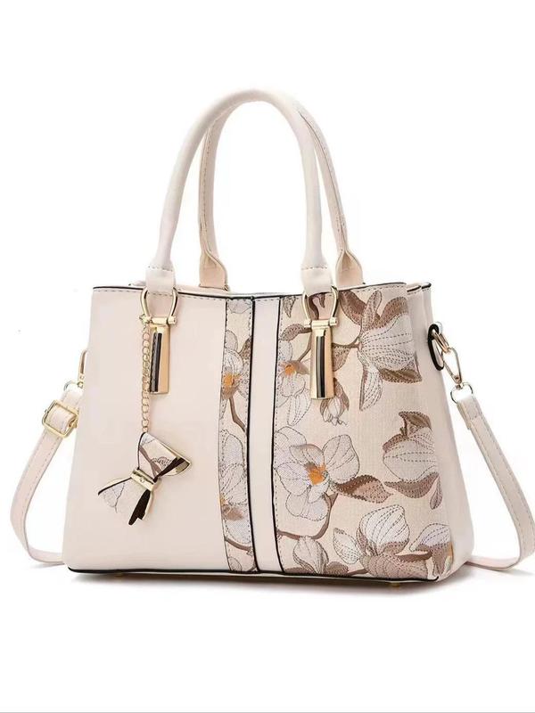 Women's Fashionable Floral Pattern Handbag, Casual Large Capacity Shoulder Bag with Bowknot Charm, Trendy Versatile High-quality Daily Commuting Bag