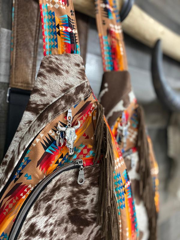 Summit Sling Bag  brown beige Cow longhorn print   Faux Leather Backpack  Cross Body fringe bag  highland cow  Western Bag aztec native