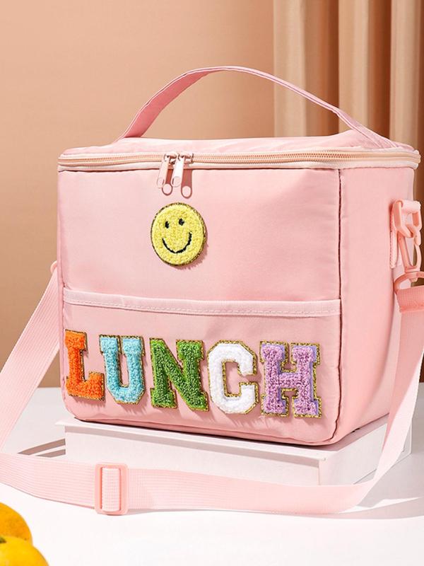 Cute Letter & Smile Face Pattern Lunch Bag, Large Capacity Zipper Lunch Bag with Adjustable Strap, Casual Lunch Bag for Outdoor Camping Picnic Travel