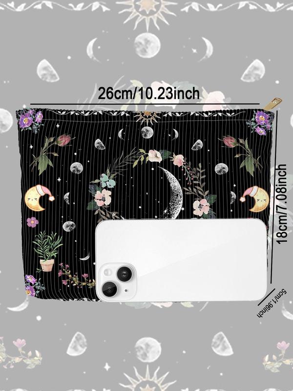 Floral & Moon Pattern Corduroy Makeup Bag, Large Capacity Zipper Cosmetic Storage Bag, Toiletry Bag for Women & Girls, Lightweight Multi-functional Bag, Travel Essentials