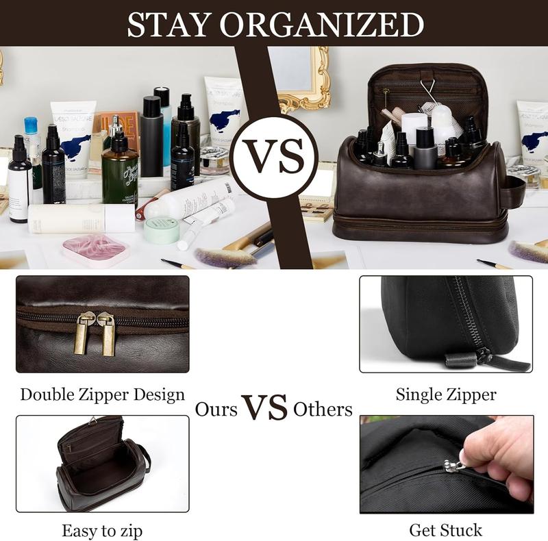 Travel Toiletry Bag for Men, Large Water-resistant Shaving Bag Toiletries Organizer, PU Leather Dopp Kit, with Hanging Hook, Multi-functional and Stylish, Ideal for Grooming, Travel, Camping, Gym