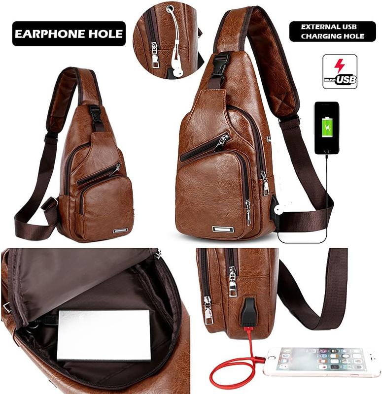 Leather Sling Bag Mens Crossbody Bag Chest Bag Sling Backpack for Men with USB Charge Port