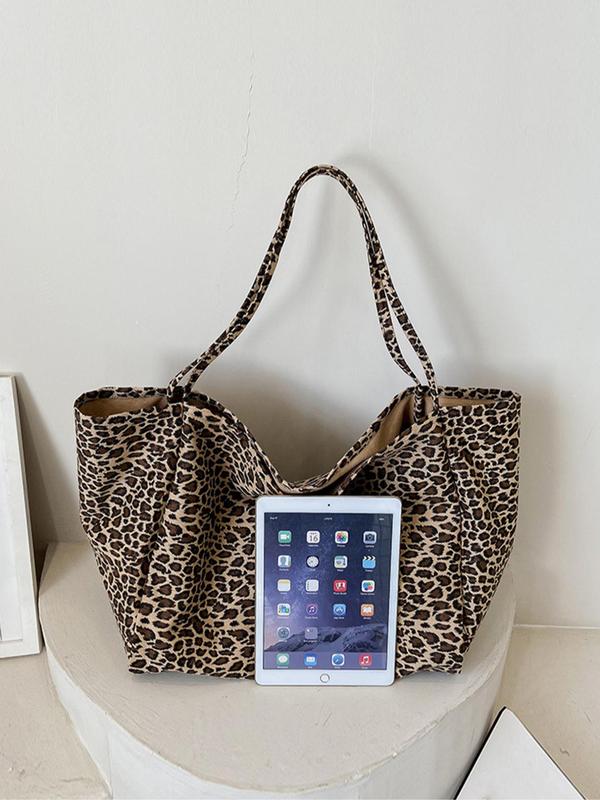 Women's Casual Leopard Print Tote Bag, Lightweight Large Capacity Foldable Shoulder Bag, Casual Versatile Commuting Bag for Women & Girls, Fall Outfit、Fall Freshness