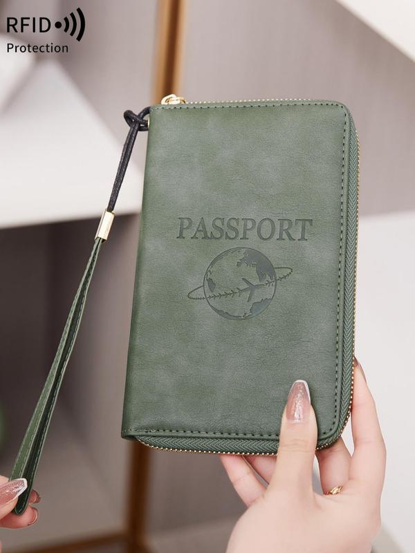 Letter Pattern Embossed Passport Holder, Summer 2024 New Arrival Multi-functional Portable Airplane Pattern Ticket Clip, Pu Leather Credit Card Travel Zipper Wallet with Wrist Strap, Travel Essential