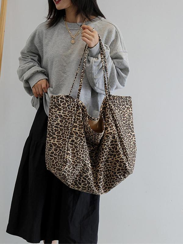 Women's Casual Leopard Print Tote Bag, Lightweight Large Capacity Foldable Shoulder Bag, Casual Versatile Commuting Bag for Women & Girls, Fall Outfit、Fall Freshness