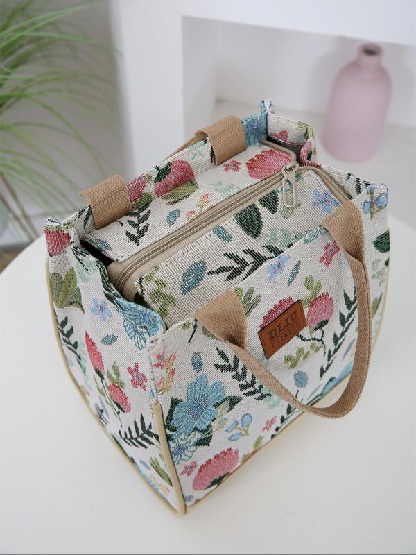 Floral Pattern Lunch Bag, Large Capacity Insulated Bag with Handle, Zipper Lunch Box Storage Bag for Work, School, Travel, Picnic