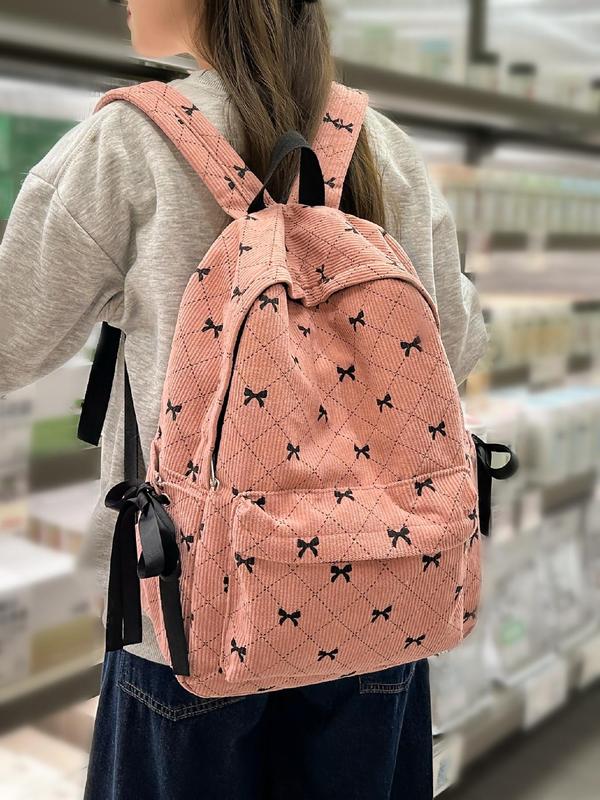 Women's Cute Bowknot Pattern Backpack, Fashionable Backpack with Adjustable Strap, Casual Versatile Backpack for School & Travel