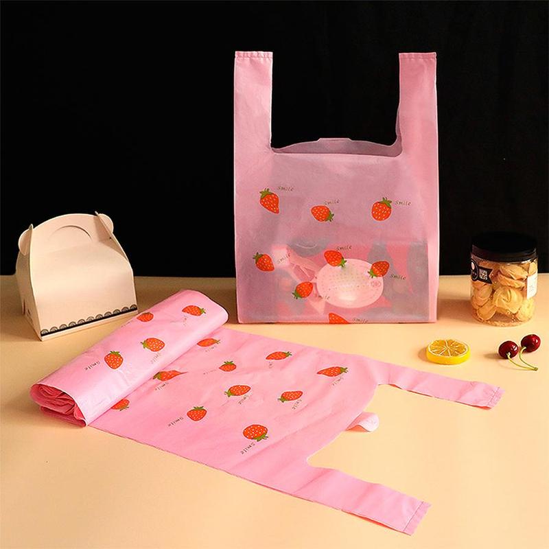 Cartoon Strawberry Pattern Plastic Bag (50 Counts), Plastic Shopping Bag, Gift Wrapping Bag for Wedding, Birthday, Festival, Party, Daily Use