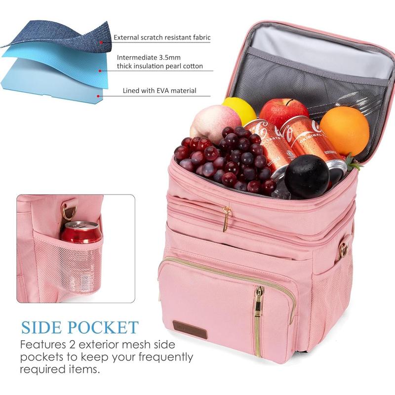 Lunch Bag & Lunch Box for Women Men Double Deck - Leakproof Insulated Soft Large Lunch Cooler Bag, Pink,15L