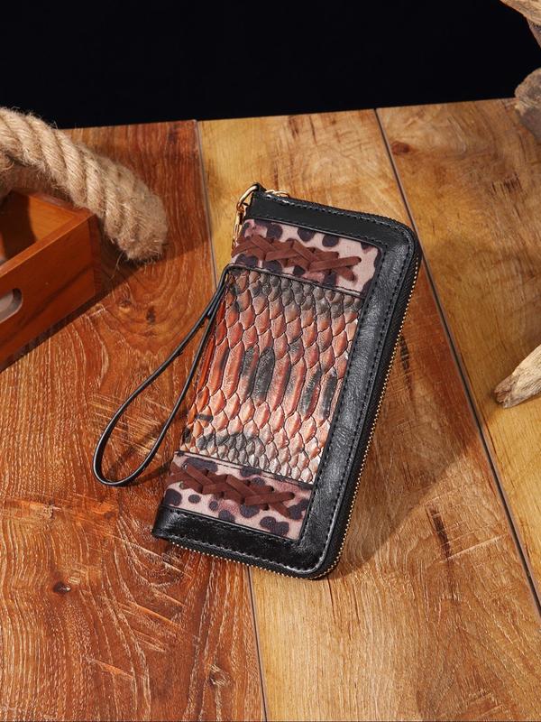 Women's Summer 2024 Fashion Vintage Pu Leather Long Wallet, Casual Zipper Random Plants Print Wristlet Wallet for Daily Use, Matching New Trendy Card Holder, Zip Card Case As Gift, Purse for Women