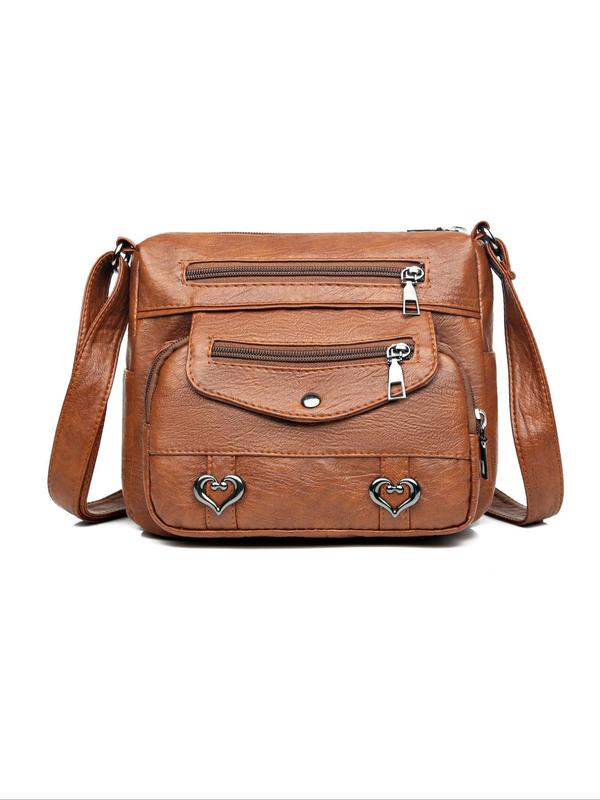 Women's Fashionable Heart Decor Crossbody Bag, Vintage Multi Pockets Shoulder Bag for Daily Used, Casual Pu Leather Daily Commuting Bag