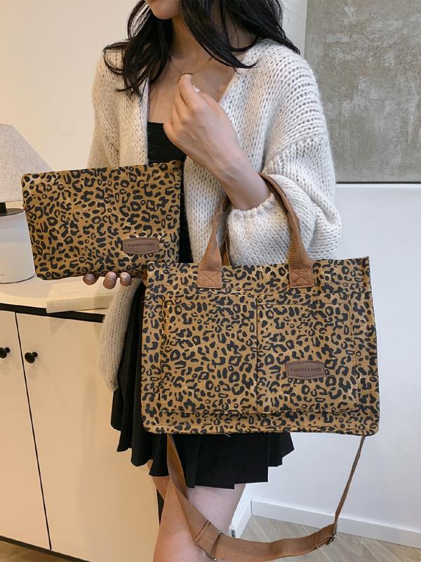 Fashion Leopard Pattern Tote Bag & Zipper Wallet, Casual Versatile Shoulder Bag & Handbag, Trendy All-match Bag Set for Women