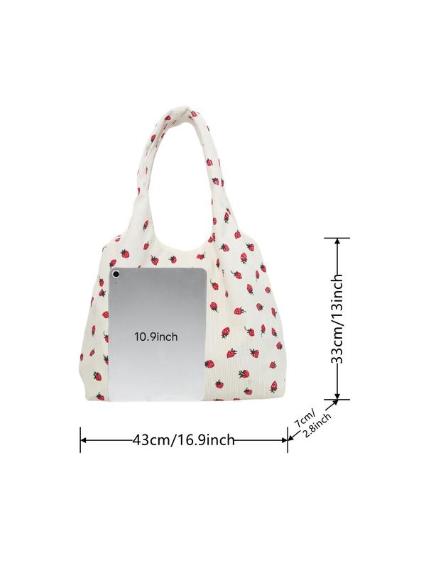 Strawberry Pattern Patched Design Tote Bag, Casual Corduroy Shoulder Bag, Fashionable Large Capacity Tote Bag for Women