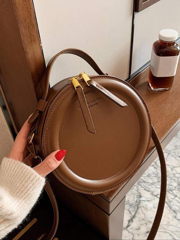 Women's Fashionable Round Shaped Handbag, Vintage Zipper Shoulder Bag for Daily Used, Casual Trendy Versatile High-quality Daily Commuting Bag