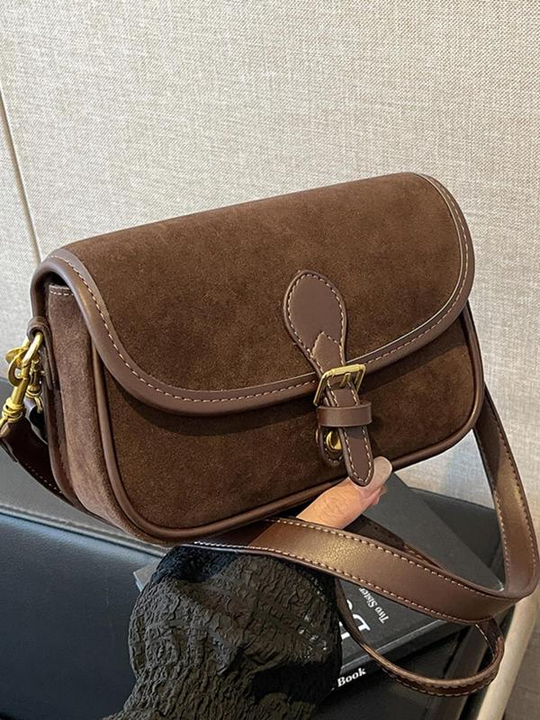 Women's Solid Color Suede Crossbody Bag, Fashionable Belted Design Shoulder Bag for Daily Used, Casual Trendy Versatile High-quality Daily Commuting Bag