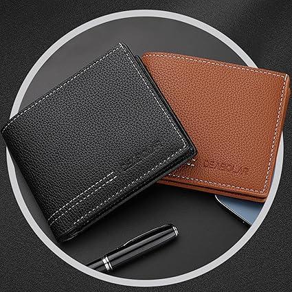 Men Wallet Brown PU Material 4 Credit Card Holder 2 Money Pockets 1 Clear Window  with out RFID Slim Small Wallets for Traveling