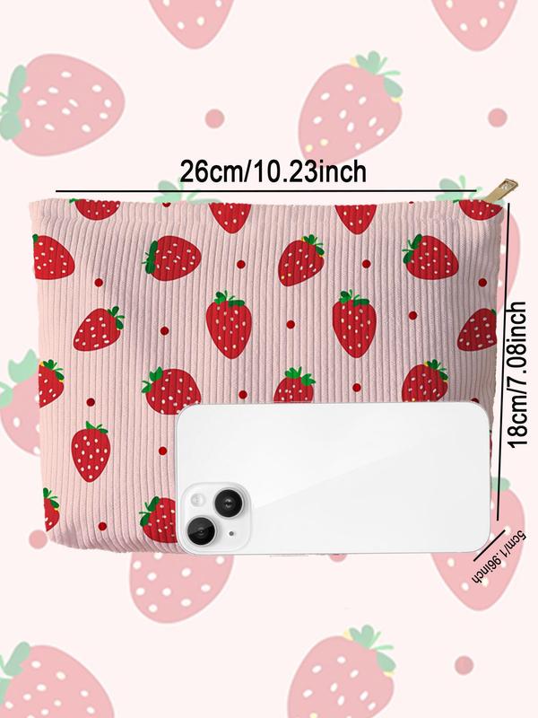 Strawberry Pattern Corduroy Makeup Bag, Cute Style Light Multi-functional Fashion Leisure Makeup Bag, Travel Makeup Bag, Suitable for Leisure Travel, Business Trips