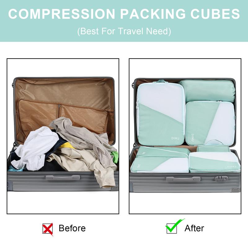 DIMJ 7 Sets Compression Packing Cubes for Travel Packing Cubes Lightweight Packing Cubes for Suitcase Travel Cubes for Packing Compression With Shoes Bag Laundry Bag Underwear Bag hanging toiletrybag travel organizer Travel Luggage