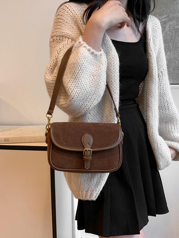 Women's Solid Color Suede Crossbody Bag, Fashionable Belted Design Shoulder Bag for Daily Used, Casual Trendy Versatile High-quality Daily Commuting Bag