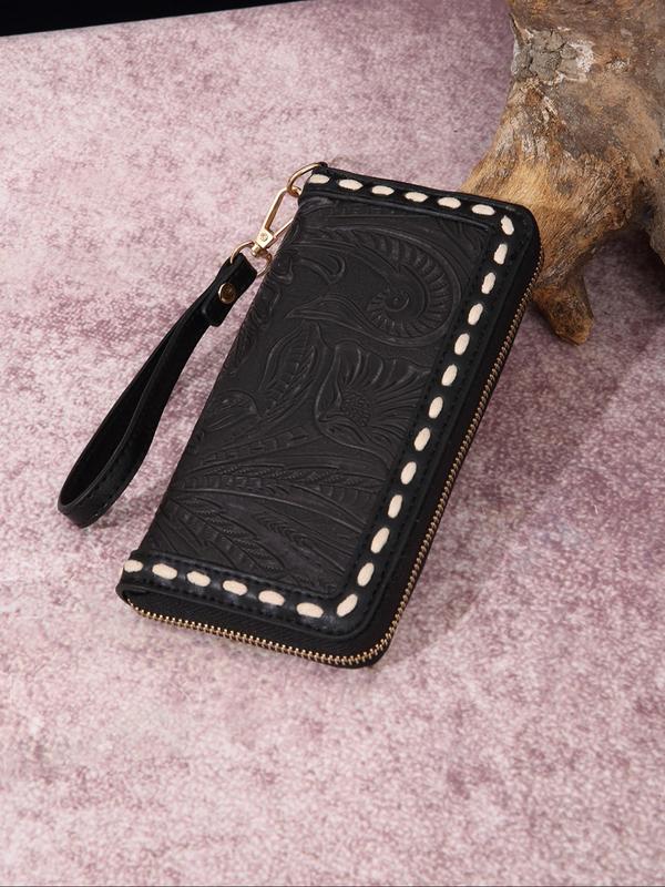 Women's Summer 2024 Fashion Vintage Pu Leather Long Wallet, Casual Zipper Random Plants Print Wristlet Wallet for Daily Use, Matching New Trendy Card Holder, Zip Card Case As Gift, Purse for Women