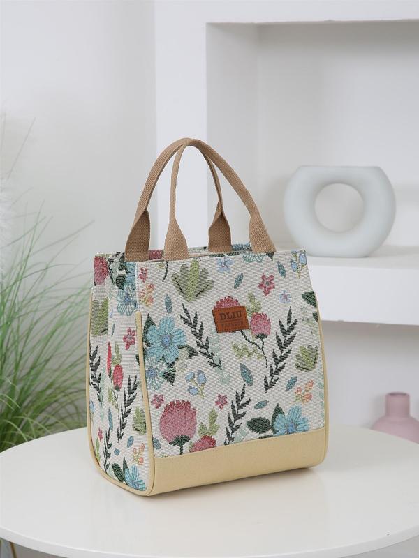 Floral Pattern Lunch Bag, Large Capacity Insulated Bag with Handle, Zipper Lunch Box Storage Bag for Work, School, Travel, Picnic