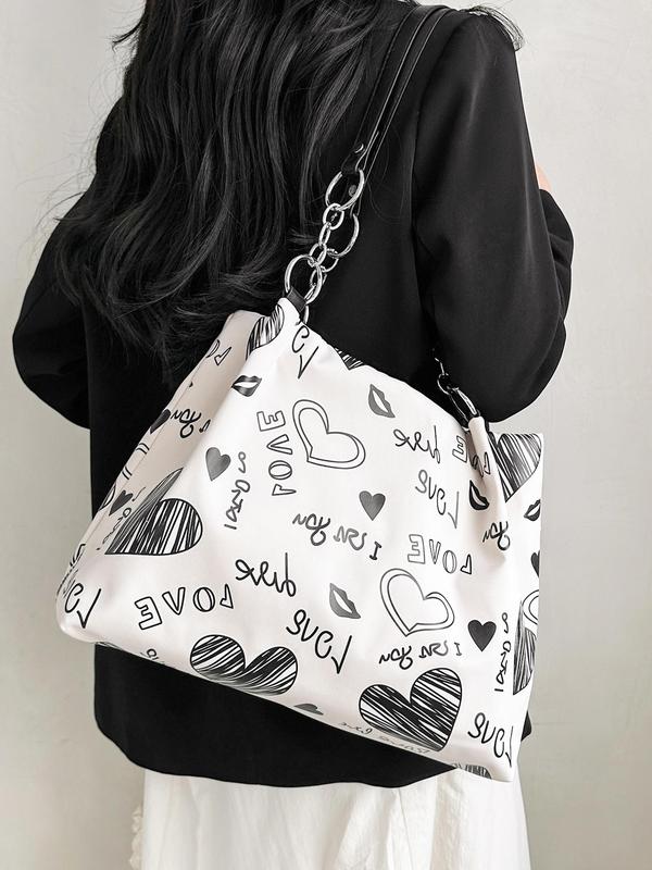 Women's Fashionable Cartoon Heart Pattern Tote Bag, Casual Large Capacity Shoulder Bag for Daily Used, Trendy All-match Bag for Commuters and Students