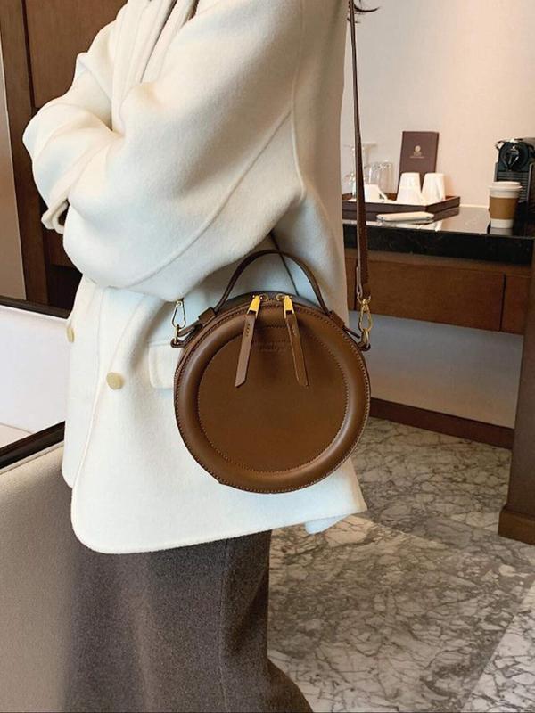 Women's Fashionable Round Shaped Handbag, Vintage Zipper Shoulder Bag for Daily Used, Casual Trendy Versatile High-quality Daily Commuting Bag