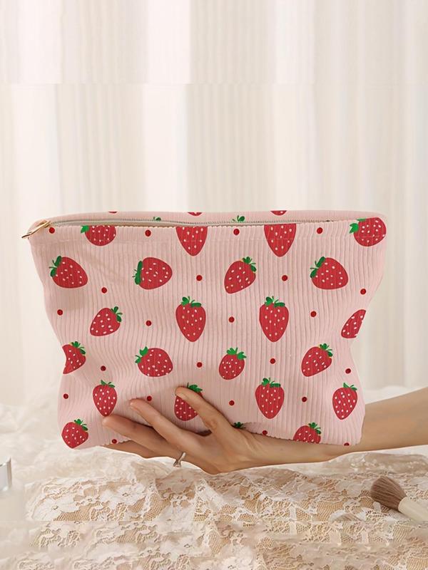 Strawberry Pattern Corduroy Makeup Bag, Cute Style Light Multi-functional Fashion Leisure Makeup Bag, Travel Makeup Bag, Suitable for Leisure Travel, Business Trips