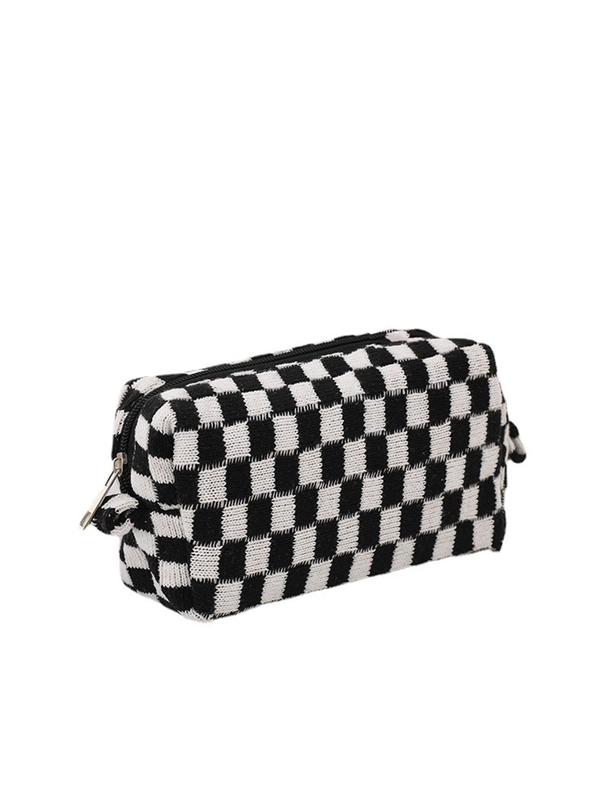 Simple Fashion Check Pattern Zipper Knitted Makeup Bag,  Large Capacity Women's Make-up Bag, Portable Cosmetic Storage Bag