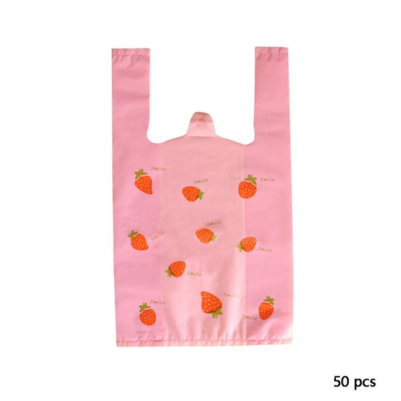 Cartoon Strawberry Pattern Plastic Bag (50 Counts), Plastic Shopping Bag, Gift Wrapping Bag for Wedding, Birthday, Festival, Party, Daily Use