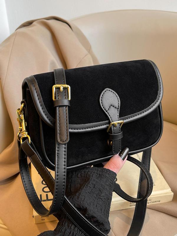 Women's Solid Color Suede Crossbody Bag, Fashionable Belted Design Shoulder Bag for Daily Used, Casual Trendy Versatile High-quality Daily Commuting Bag