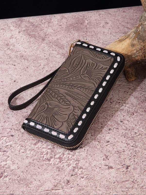 Women's Summer 2024 Fashion Vintage Pu Leather Long Wallet, Casual Zipper Random Plants Print Wristlet Wallet for Daily Use, Matching New Trendy Card Holder, Zip Card Case As Gift, Purse for Women