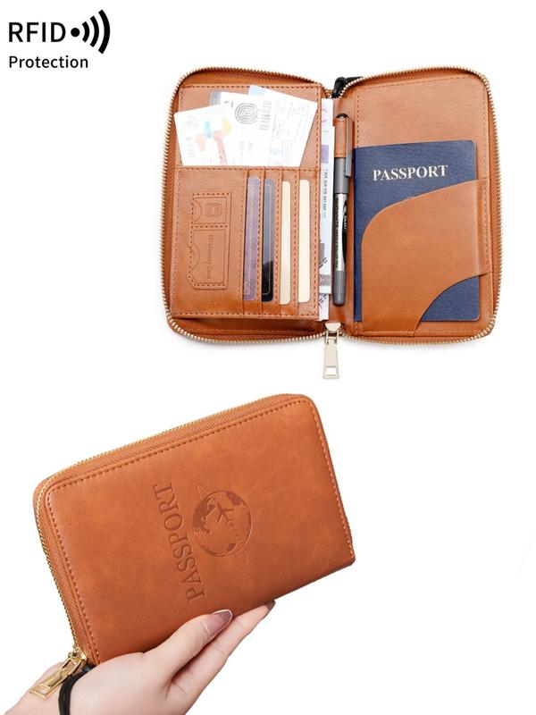 Letter Pattern Embossed Passport Holder, Summer 2024 New Arrival Multi-functional Portable Airplane Pattern Ticket Clip, Pu Leather Credit Card Travel Zipper Wallet with Wrist Strap, Travel Essential