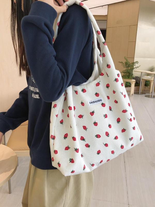 Strawberry Pattern Patched Design Tote Bag, Casual Corduroy Shoulder Bag, Fashionable Large Capacity Tote Bag for Women