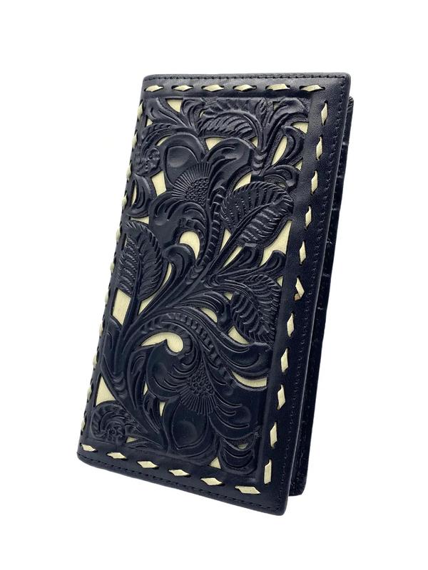 Genuine Leather Vintage Hollow Out Design Long Wallet, Color Block Plants Embossed Long Wallet, Multi Card Slots Bifold Wallet for Women