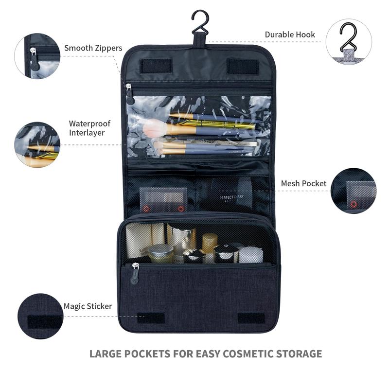 Large Capacity Toiletry Bag. With hanging hook. For men & women. Black. Waterproof plain storage bags.