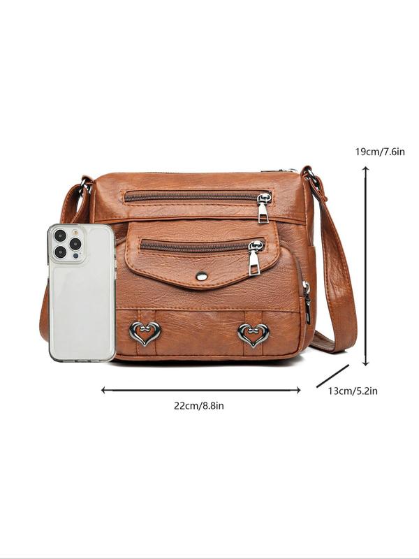 Women's Fashionable Heart Decor Crossbody Bag, Vintage Multi Pockets Shoulder Bag for Daily Used, Casual Pu Leather Daily Commuting Bag