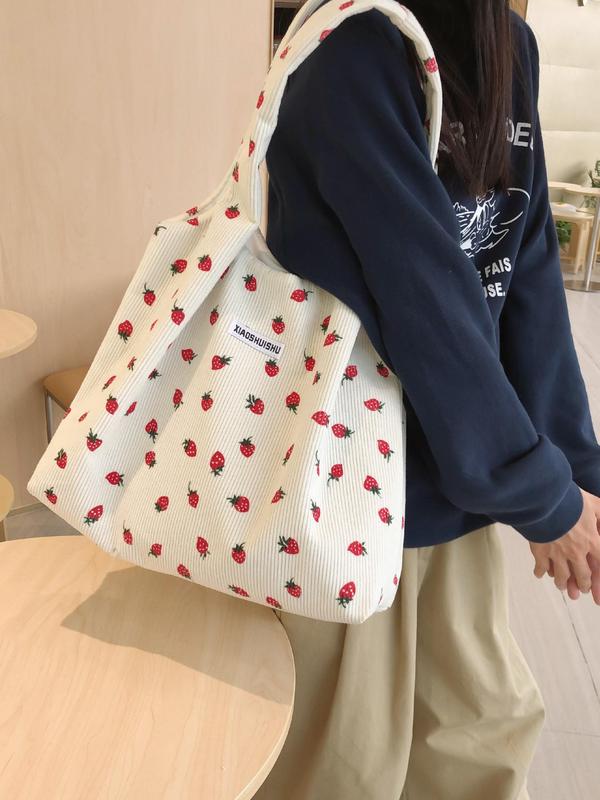 Strawberry Pattern Patched Design Tote Bag, Casual Corduroy Shoulder Bag, Fashionable Large Capacity Tote Bag for Women