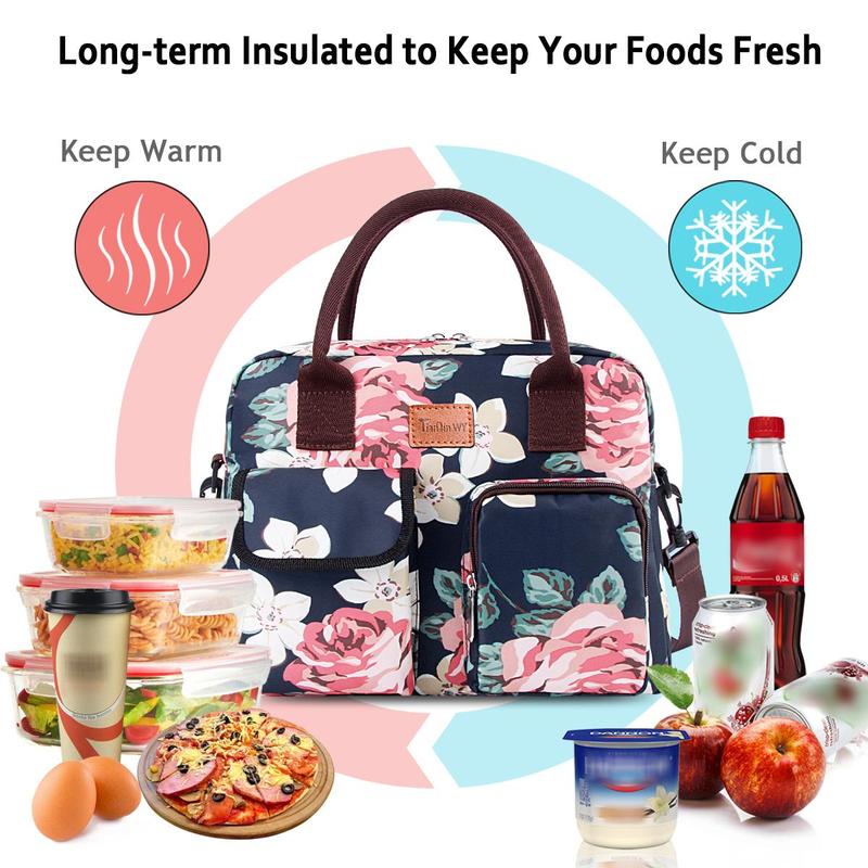 Floral Pattern Bento Bag, 1 Count Reusable Lunch Bag with Shoulder Strap, Insulated Lunch Bag for Outdoor Picnic