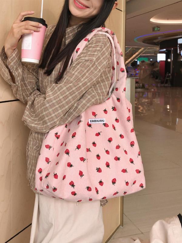 Strawberry Pattern Patched Design Tote Bag, Casual Corduroy Shoulder Bag, Fashionable Large Capacity Tote Bag for Women