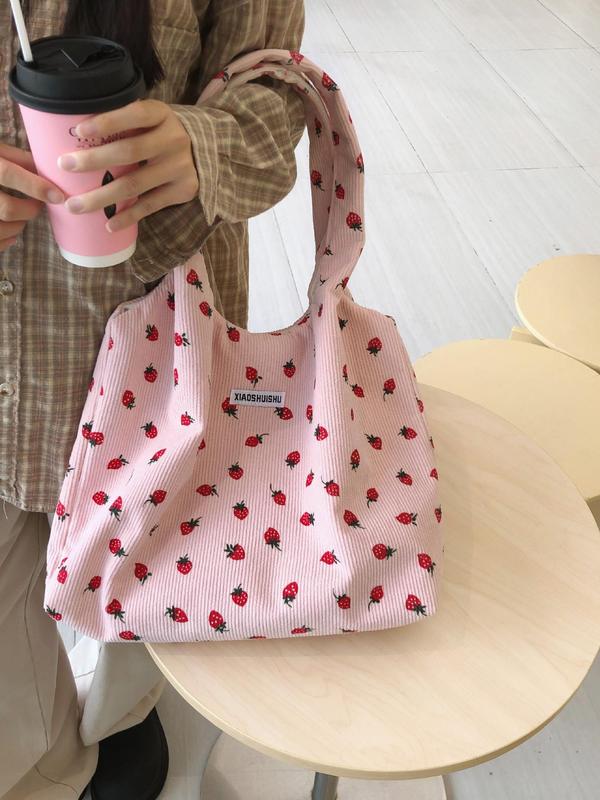 Strawberry Pattern Patched Design Tote Bag, Casual Corduroy Shoulder Bag, Fashionable Large Capacity Tote Bag for Women