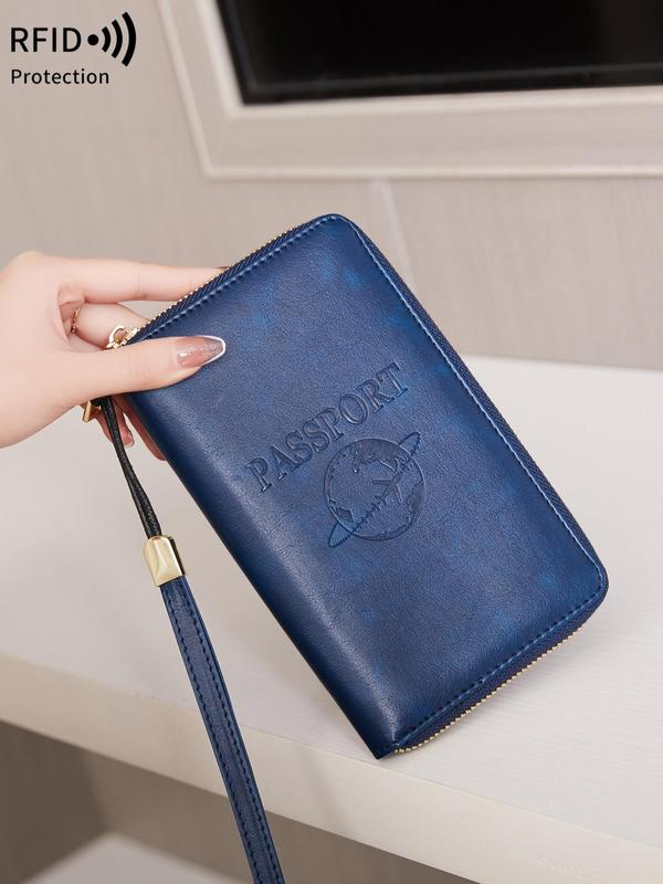 Letter Pattern Embossed Passport Holder, Summer 2024 New Arrival Multi-functional Portable Airplane Pattern Ticket Clip, Pu Leather Credit Card Travel Zipper Wallet with Wrist Strap, Travel Essential