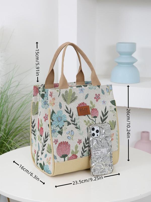 Floral Pattern Lunch Bag, Large Capacity Insulated Bag with Handle, Zipper Lunch Box Storage Bag for Work, School, Travel, Picnic