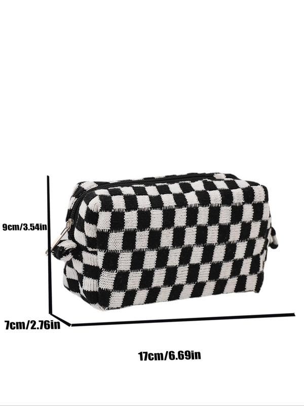 Simple Fashion Check Pattern Zipper Knitted Makeup Bag,  Large Capacity Women's Make-up Bag, Portable Cosmetic Storage Bag